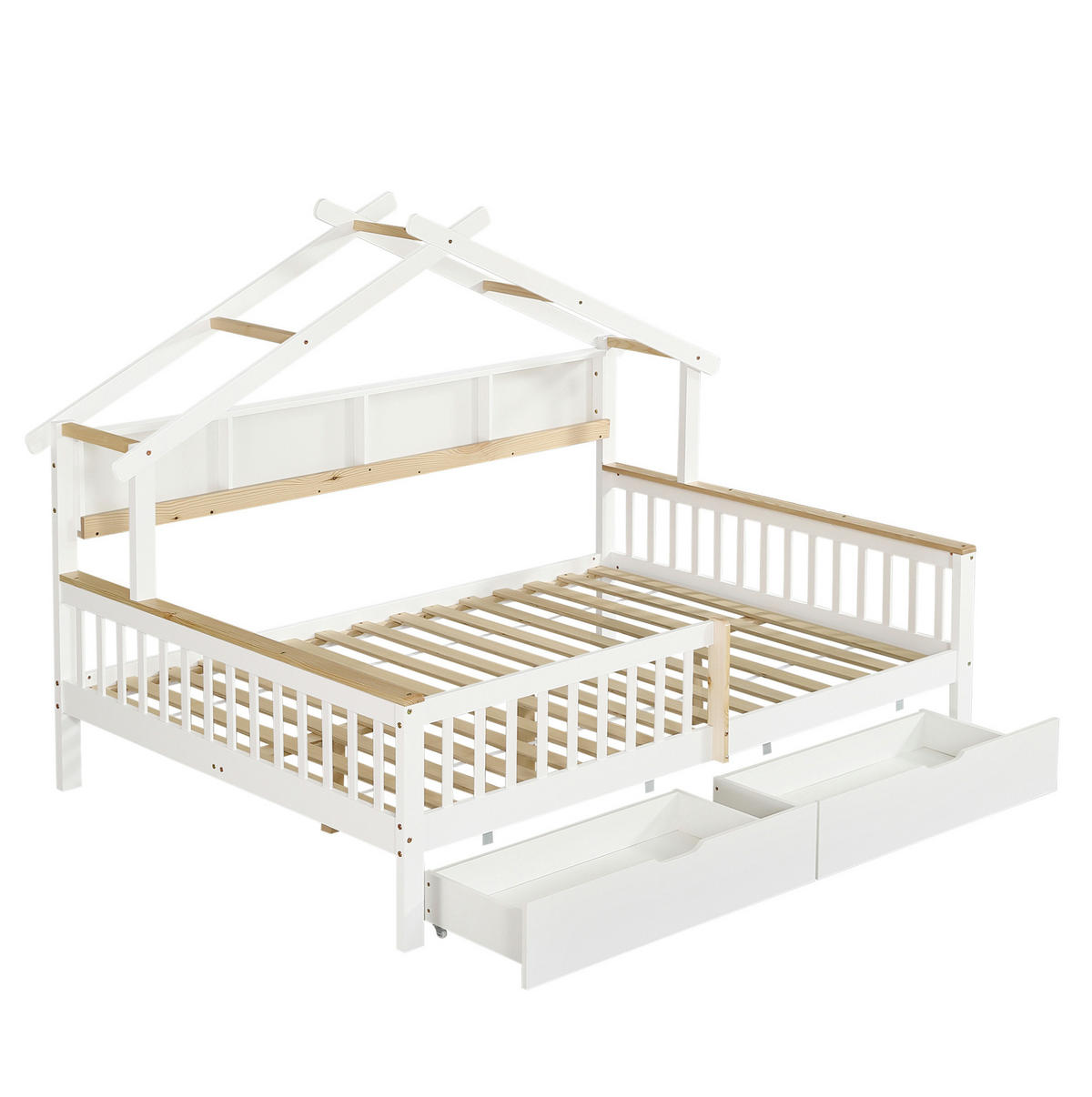 KINDERBETT 140/200 cm aus Kiefer und MDF mit Dach, Fallschutz und 2 Schubladen, Weiß/Natur - Weiß, Holz (140/200cm) - Redom