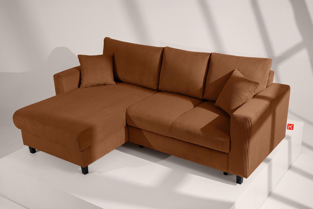 ECKSCHLAFSOFA EGRET Links mit Bettkasten, Cord-Stoff, orange - Orange, Textil (234/90cm) - KONSIMO®