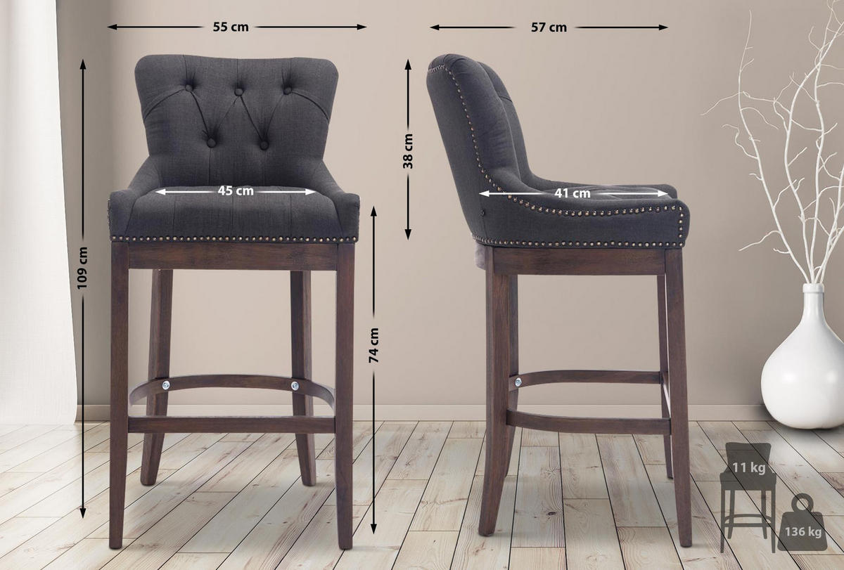 BARHOCKER Stoff dunkelgrau - Dunkelgrau/Dunkelbraun, Holz/Textil (55/109/57cm) - CLP