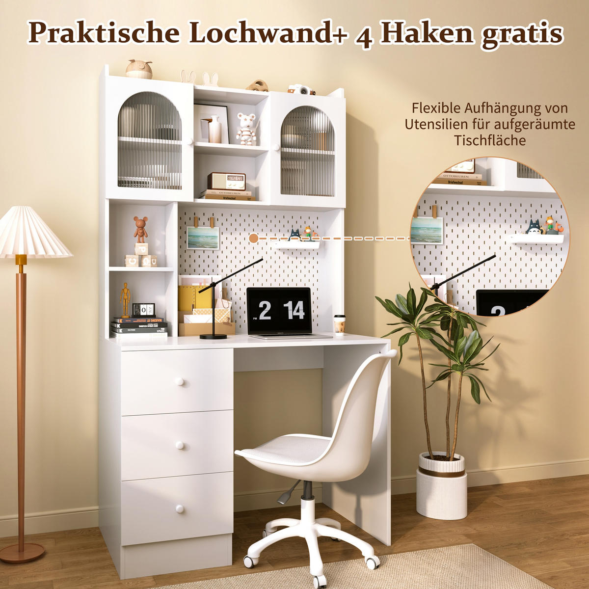 SCHREIBTISCH mit integriertem Schrank und Pinnwand 100x55x180 cm - Weiß, Holzwerkstoff (55/100/180cm) - Gisaae