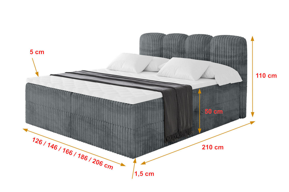 BOXBETT mit Matratze H4 - NINA - 160x200 cm - Dunkelgrau - Schieferfarben, Holzwerkstoff (160/200cm) - ALTDECOR