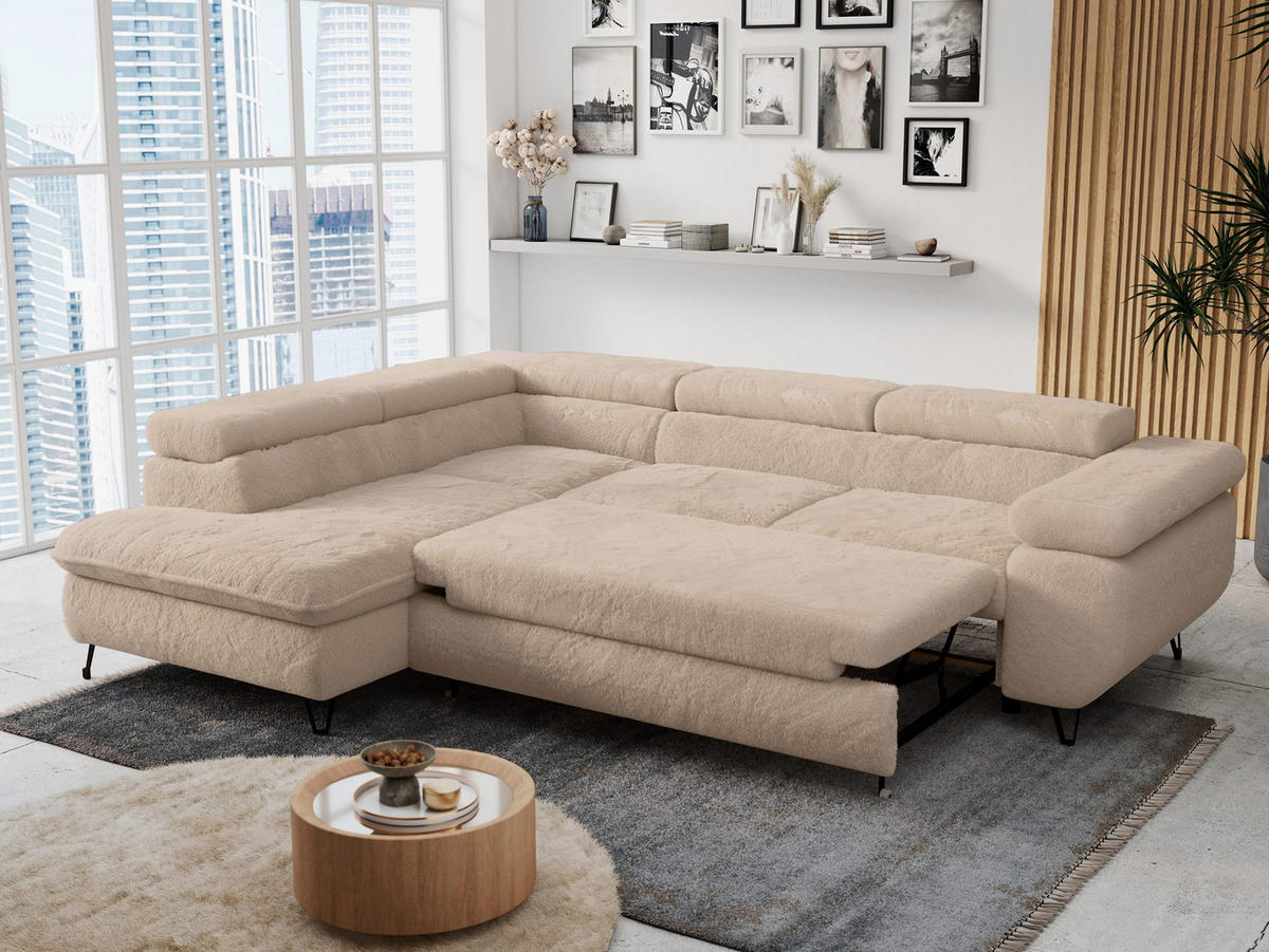 ECKSOFA PETER L Beige Plüsch - Links Seite - Beige/Schwarz, Textil/Metall (208/273cm) - MKS