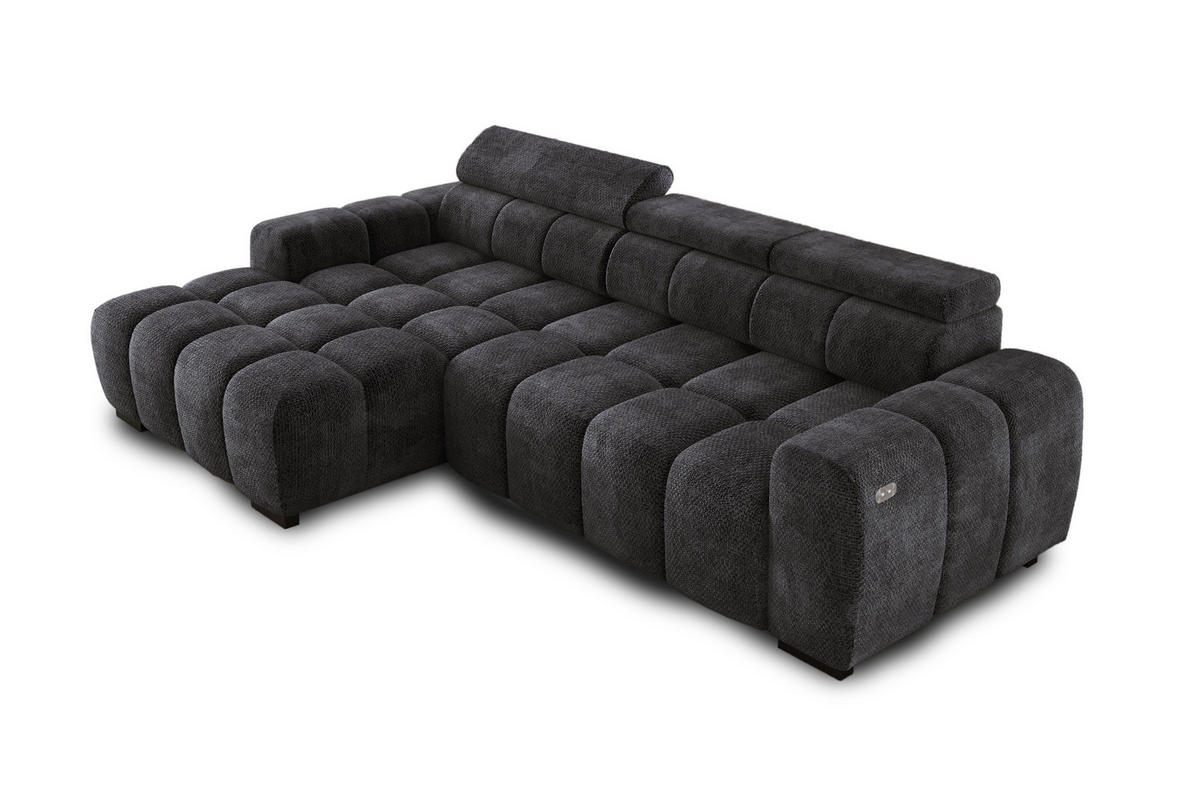 ECKSOFA OMBO 285x168x77/97 cm, Links, Schlaffunktion, elektr. Sitz, Kopfstützen, hydrophober EDEN-Stoff – Schwarz - Schwarz, Holz/Textil (168/285cm) - DomoHome