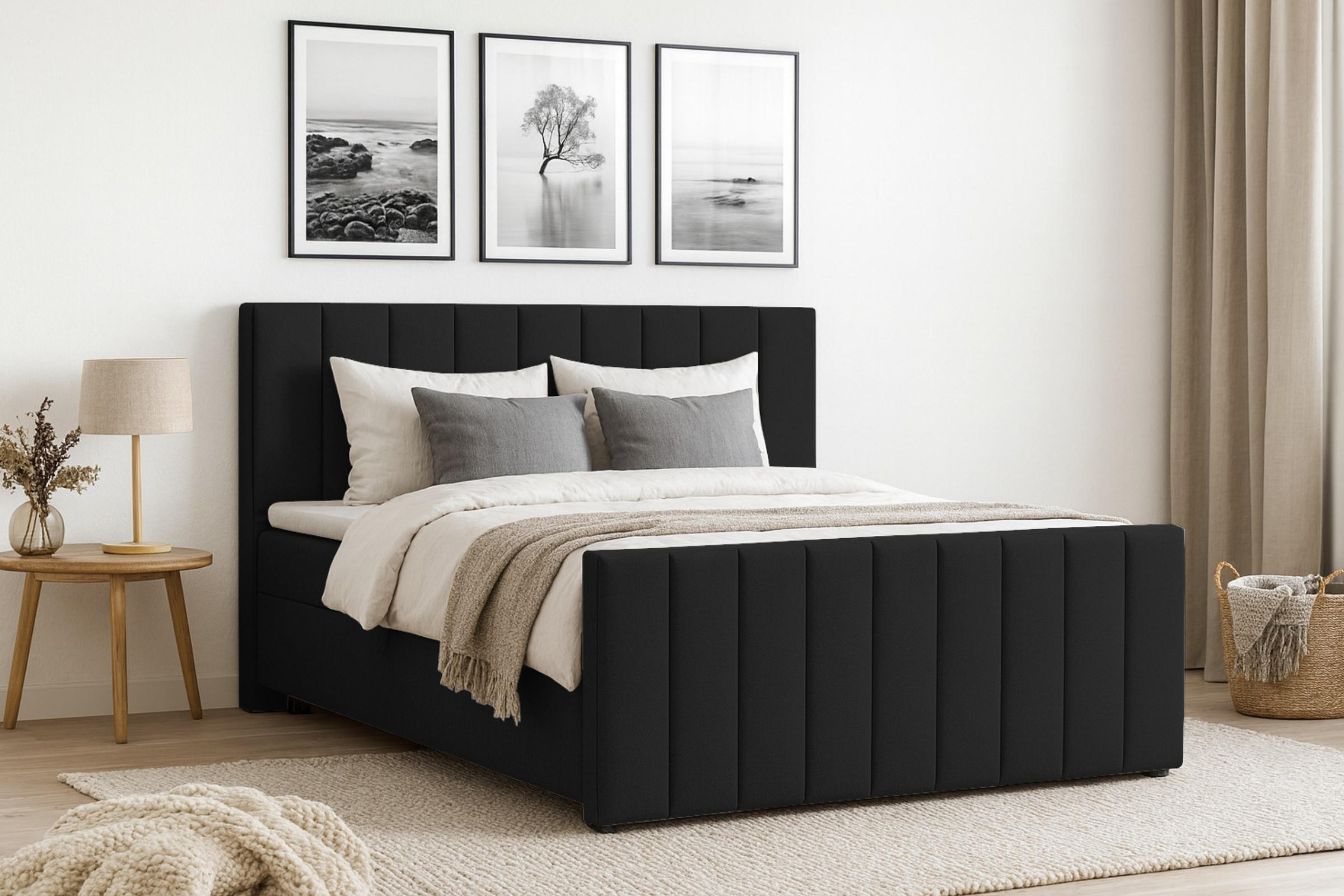 BOXBETT FEN 200/200 Velours Schwarz mit Taschen-Federkernmatratzen 7 Zonen H4 - Schwarz, Holz/Holzwerkstoff (200/200cm) - Deine Möbel 24
