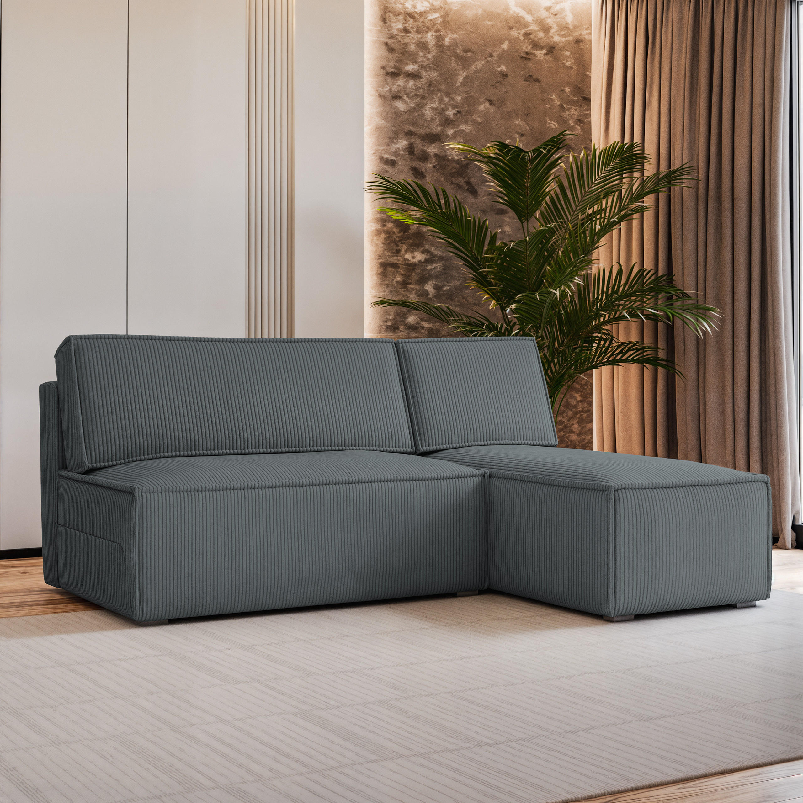 ECKSOFA BRISO P Grau Kordstoff mit Schlaffunktion - Grau, Holz (200/140cm) - MASSENO