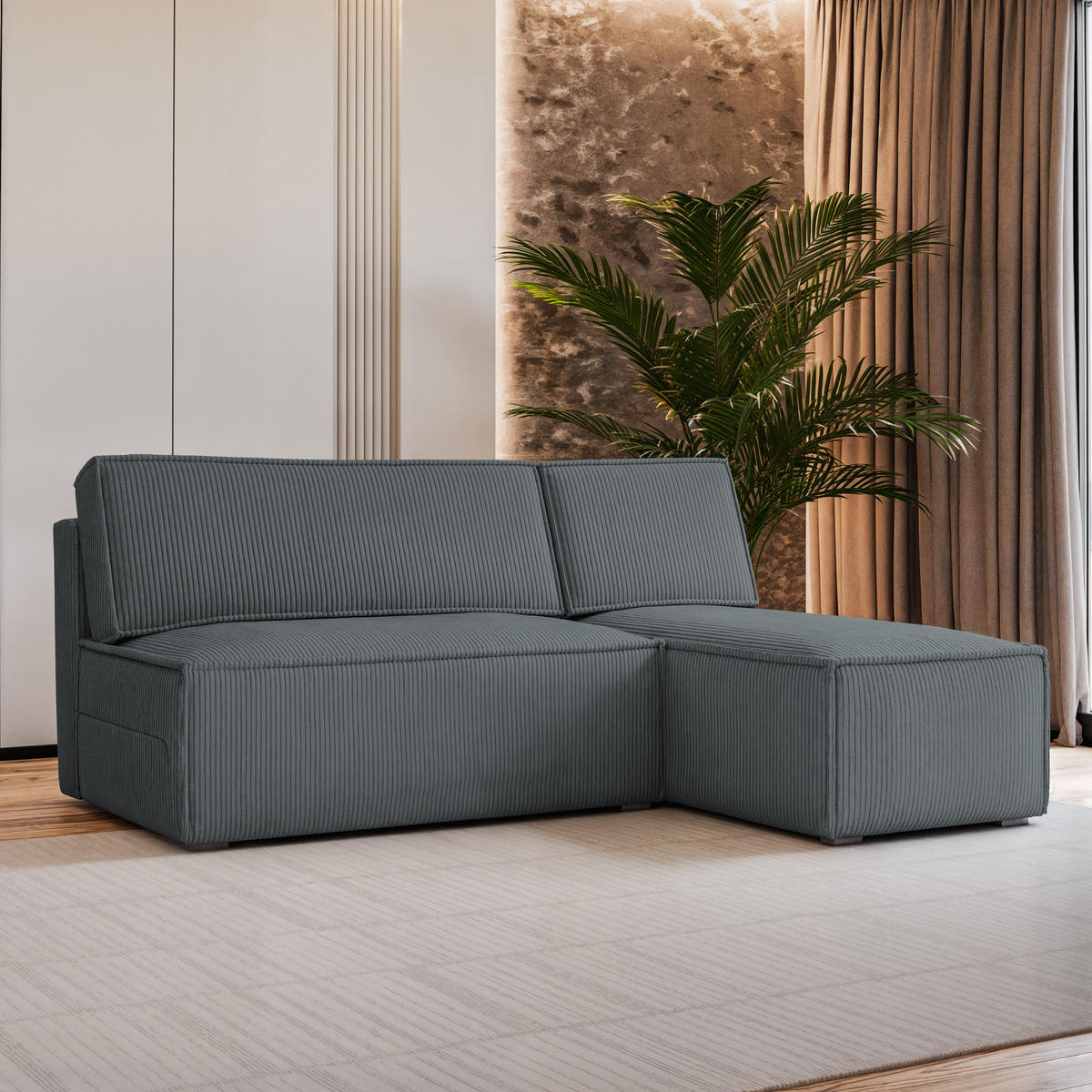 ECKSOFA BRISO P Grau Kordstoff mit Schlaffunktion - Grau, Holz (200/140cm) - MASSENO