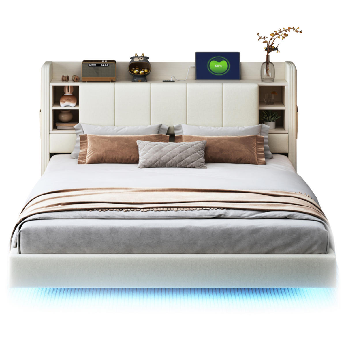 POLSTERBETT mit LED-Beleuchtung 160/200 cm mit USB und Stauraum in Beige - Beige, Textil (160/200cm) - BEAOK
