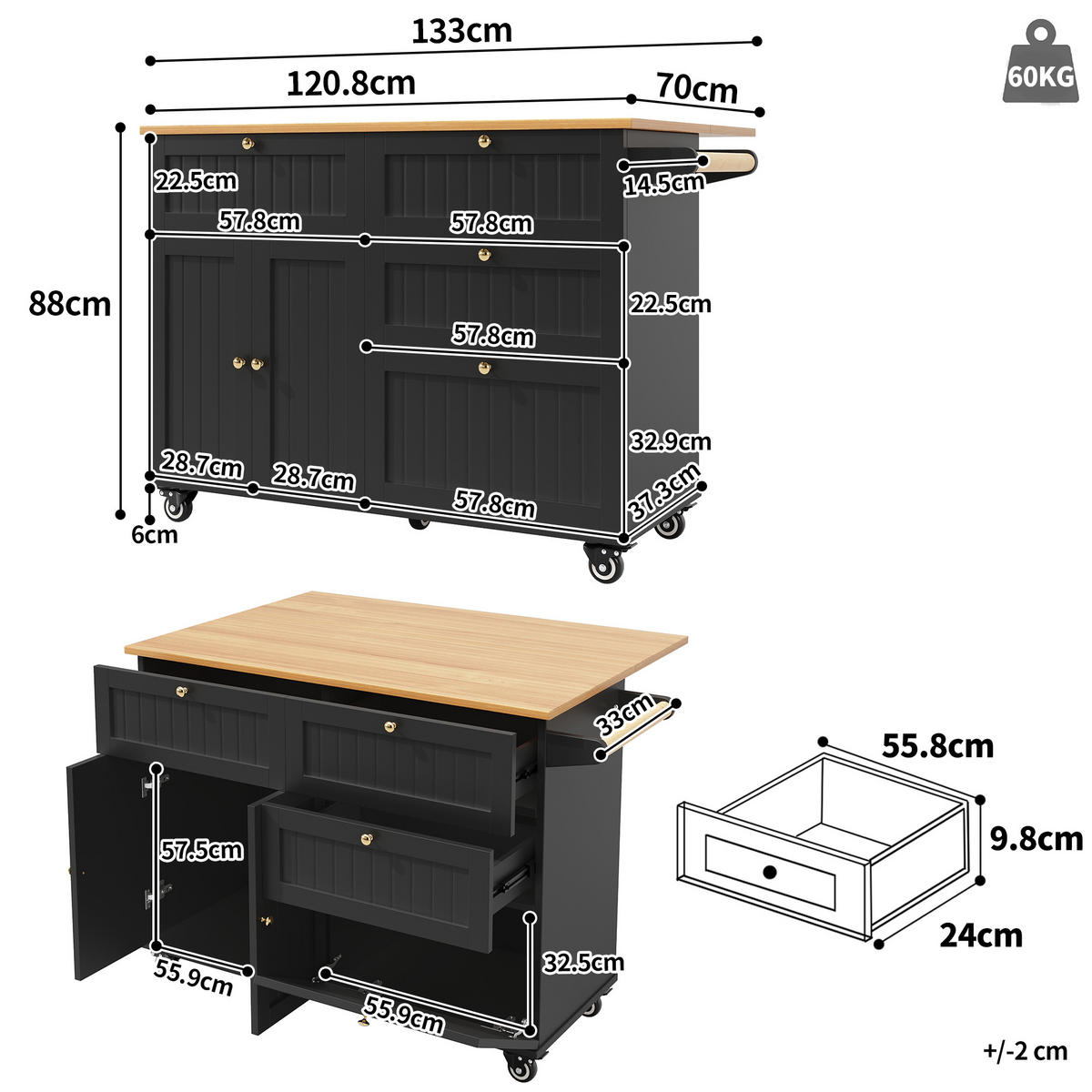 KÜCHENINSEL Schwarz 130/70/88 cm - Schwarz, Holzwerkstoff (70/88/133cm) - Urban Meuble