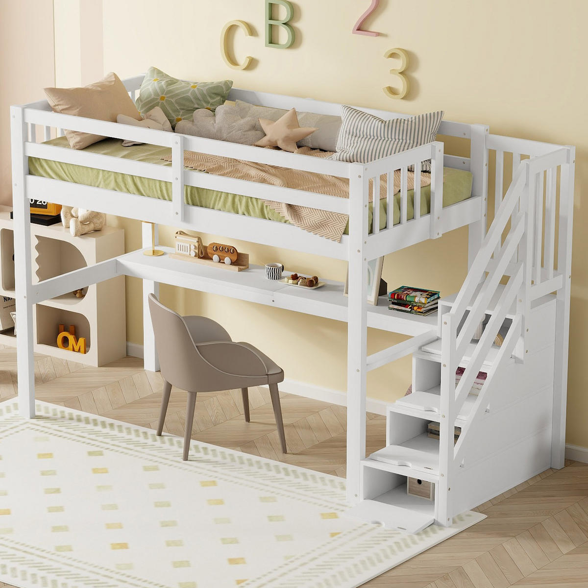 HOCHBETT aus Kiefernholz und MDF 90x200 cm Weiß mit Stauraumtreppe und Schreibtisch - Weiß, Holzwerkstoff (90/200cm) - IVMEU