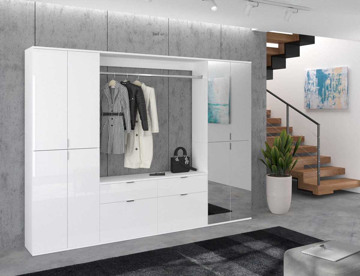 GARDEROBENSCHRANK weiß Hochglanz 60 cm, 4-türig mit Spiegel - Weiß Hochglanz/Silberfarben, Glas/Holzwerkstoff (60/193/34cm) - Inn.Furn
