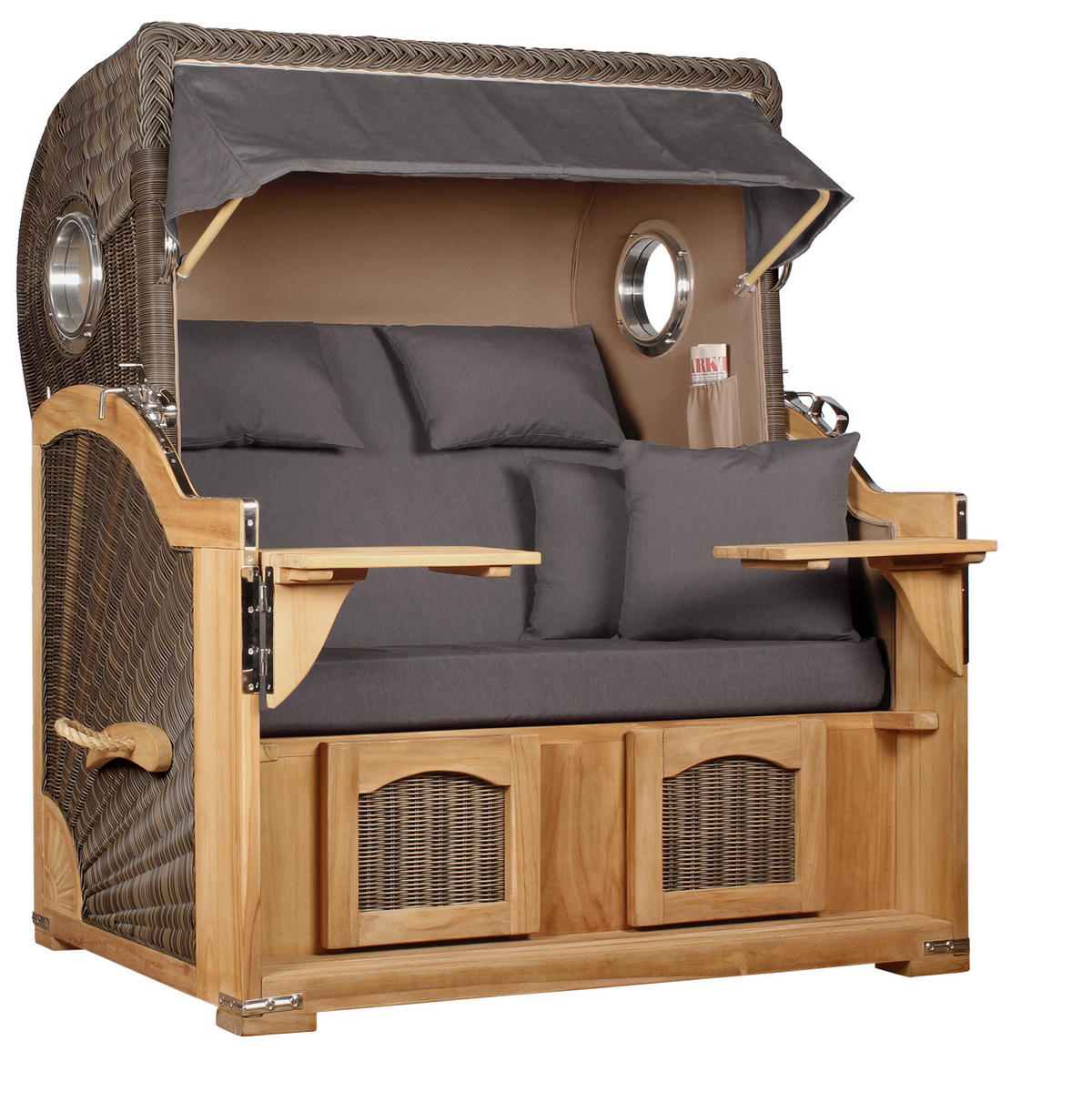 STRANDKORB Düne Grande Bullauge Teak PE Grey Dessin 551 - Braun/Grau, Metall (142/170/95cm) - Mr. Deko