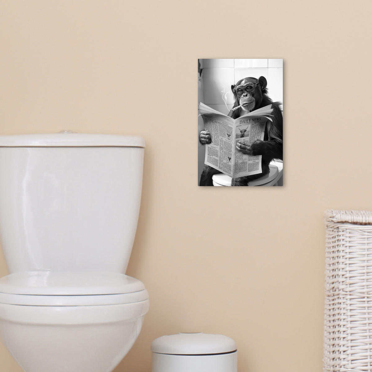 LEINWANDBILD Affe - WC - Zeitung - Schwarz-Weiß - Humor 20x30 cm - Hellgrau, Textil (20/30cm) - MuchoWow
