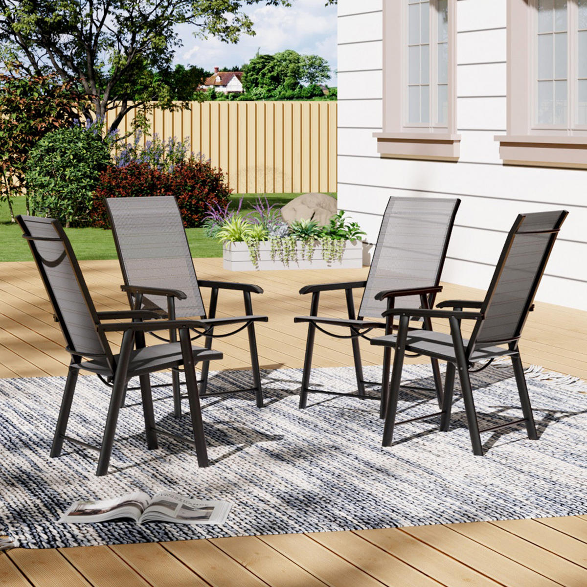 KLAPPSTUHL-SET(4 Stühle) aus Metall Stoff in Schwarz für Garten Balkon oder Terrasse robust wettfest Tragbares Design59 × 66  × 95 cm - Schwarz, Metall (59/95/66cm) - Livingandhome