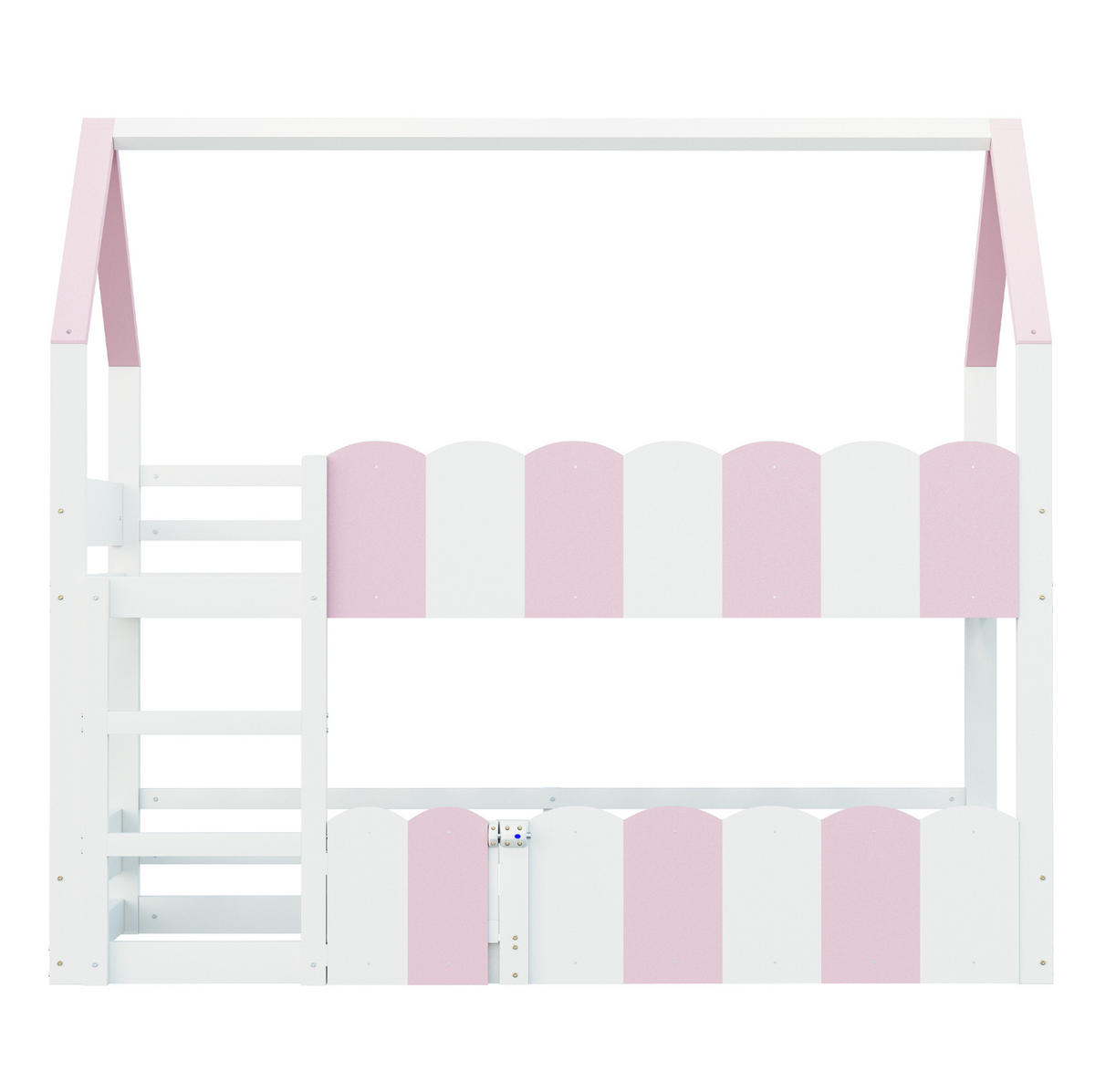 ETAGENBETT aus Holz 90x200 cm Rosa/Weiß mit Hausdesign, Sicherheitsgeländern und Klapptür - Pink, Holz (90/200cm) - Modfu