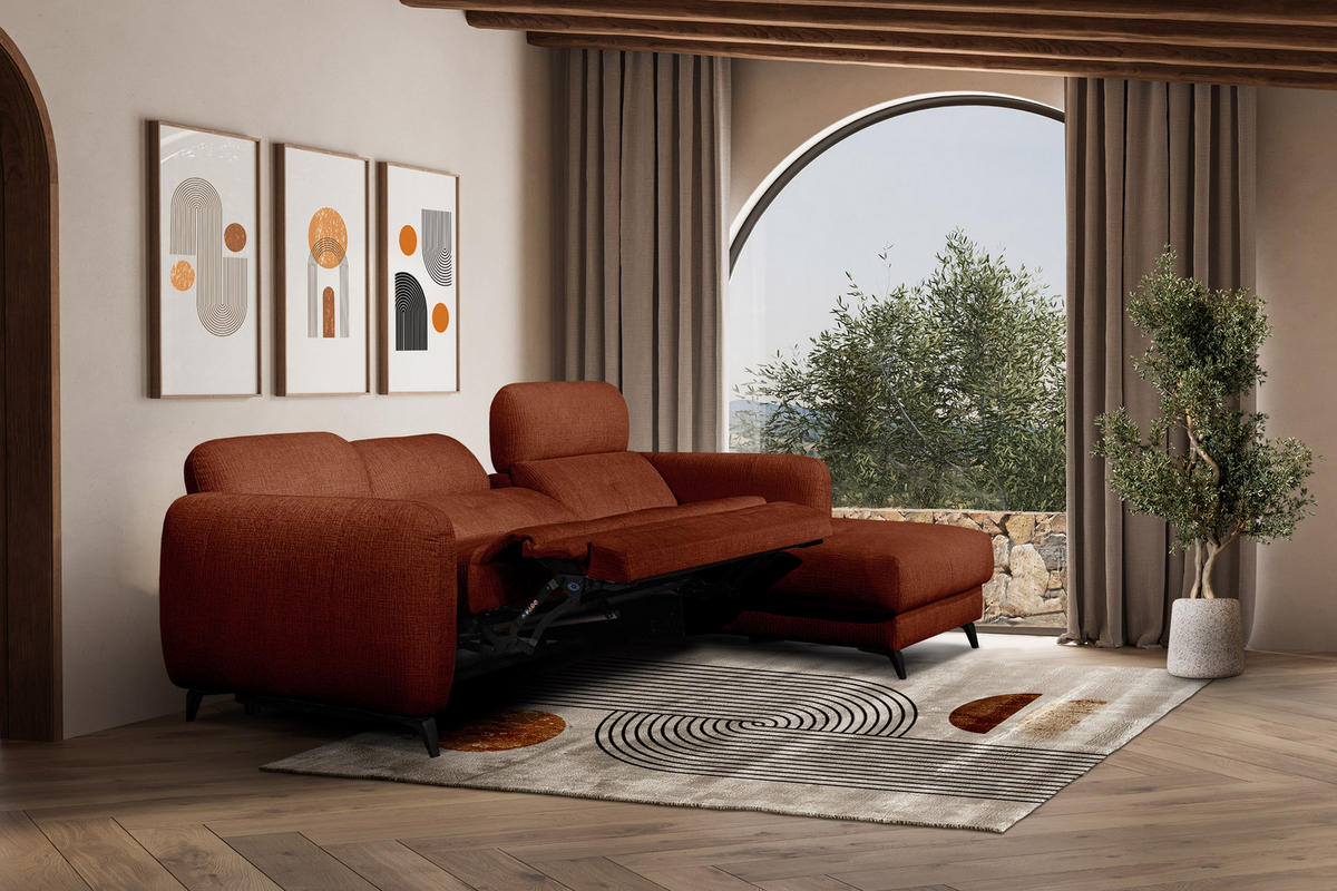 ECKSOFA SVEN 3-Sitzer, 1 Relax XL, verstellbare Kopfstützen, rot - Rot/Schwarz, Holzwerkstoff/Textil (256/163cm) - Courtois Laville