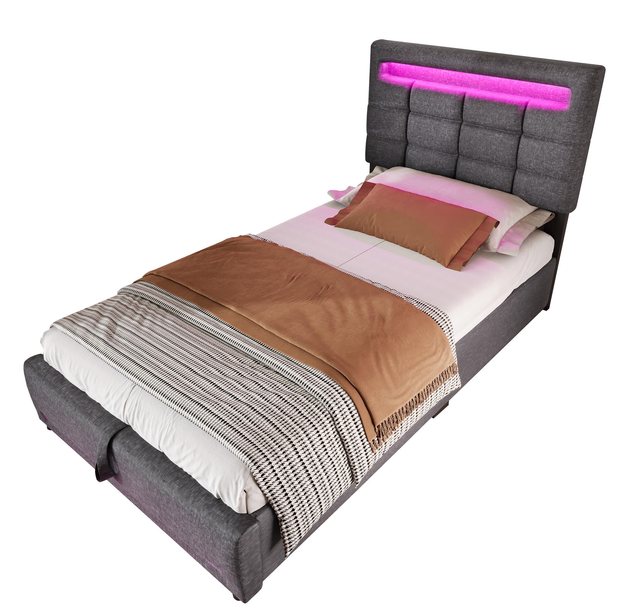 POLSTERBETT 90/200 cm mit LED-Beleuchtung, App-Steuerung, USB-Anschluss und hydraulischem Stauraum, Grau - Grau, Textil (90/200cm) - Redom