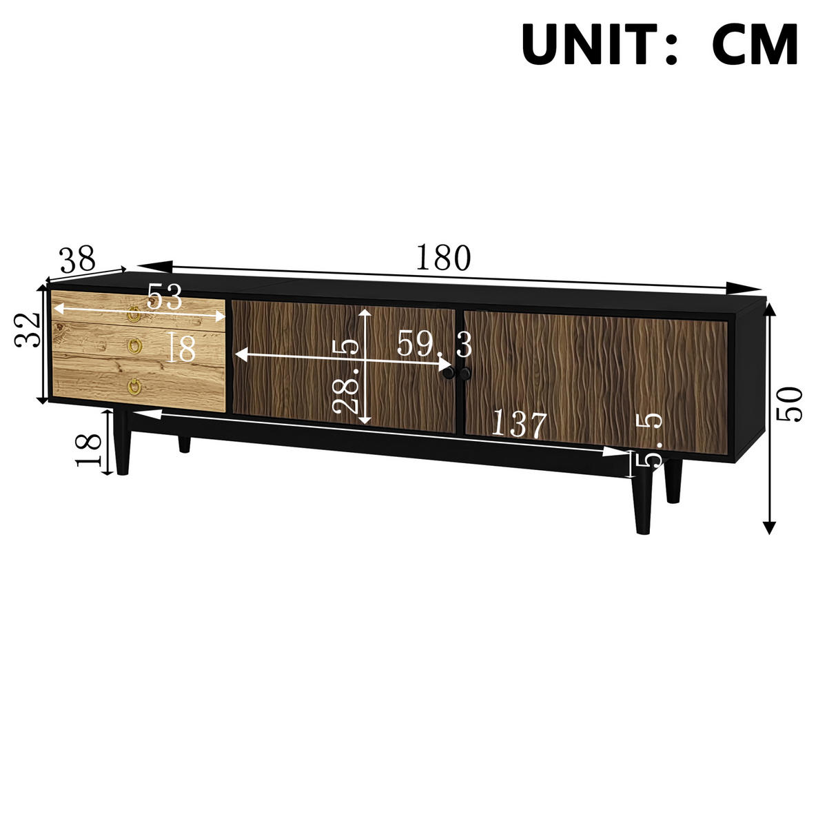 TV-SCHRANK 180/50/38 cm schwarz-finish MDF mit 2 Türen und 3 Schubladen - Schwarz, Holzwerkstoff (180/38/50cm) - OKWISH