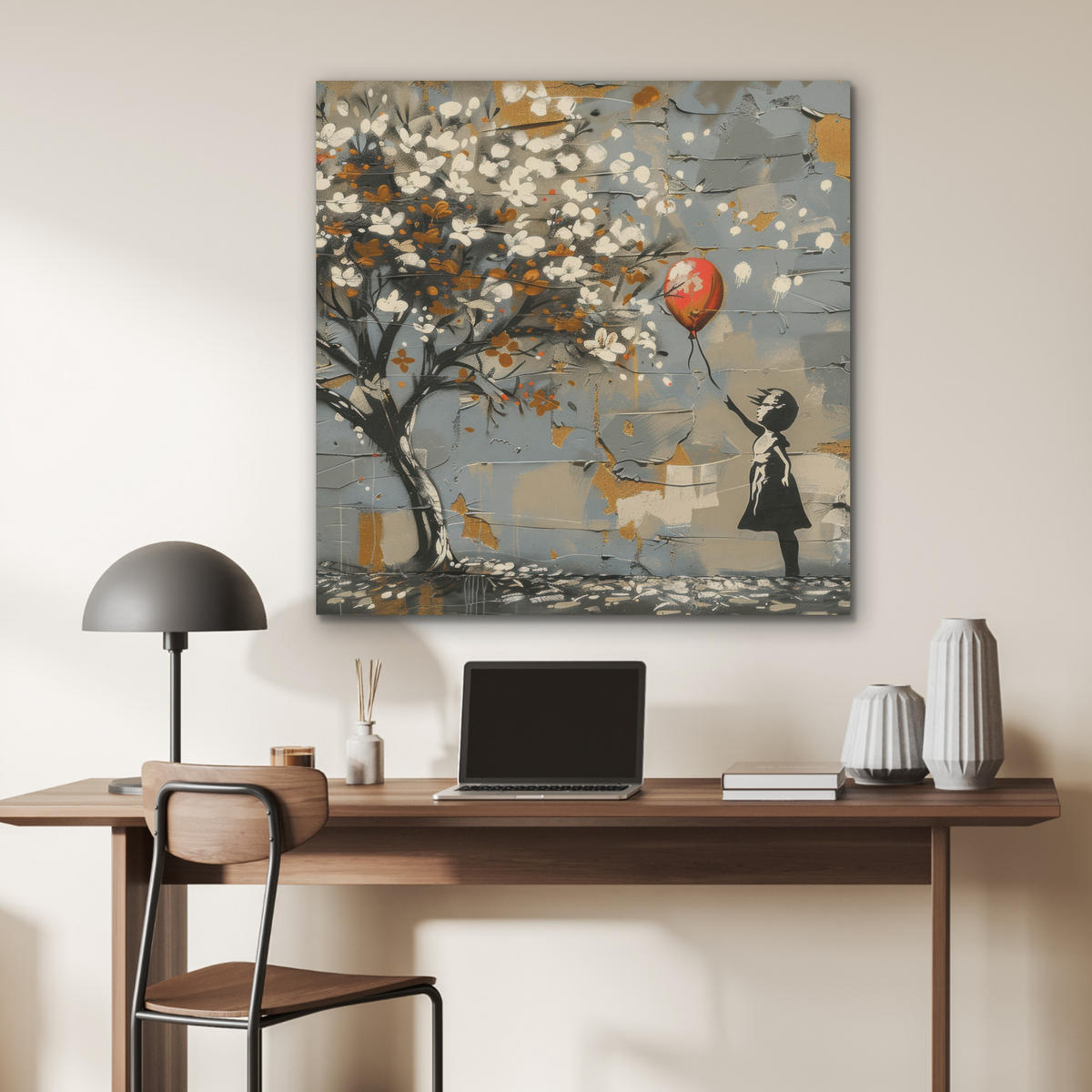 AKUSTIKPANEEL Baum - Graffiti - Banksy-Stil - Ballon-Mädchen 90x90 cm - Blaugrau, Textil (90/0.9/90cm) - MuchoWow