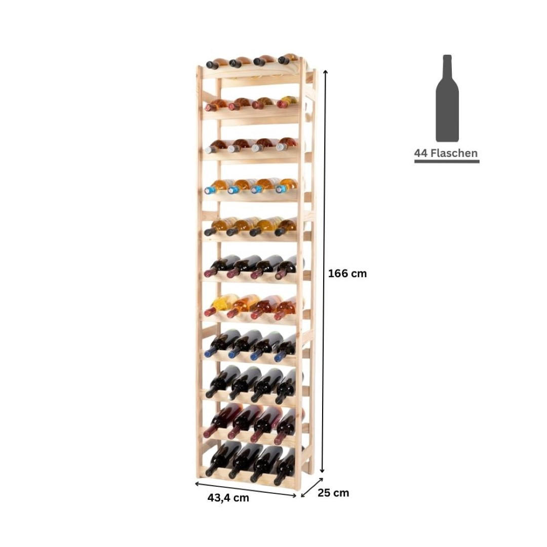 WEINREGAL Pinotwine 166x43,4x25 cm 44 Flaschen Massives Kiefernholz Natur Unbehandelt - Naturfarben, Holz (41.2/166/25cm) - PROREGAL