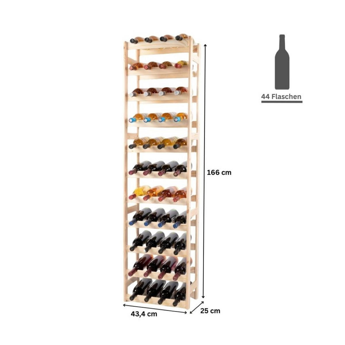 WEINREGAL Pinotwine 166x43,4x25 cm 44 Flaschen Massives Kiefernholz Natur Unbehandelt - Naturfarben, Holz (41.2/166/25cm) - PROREGAL