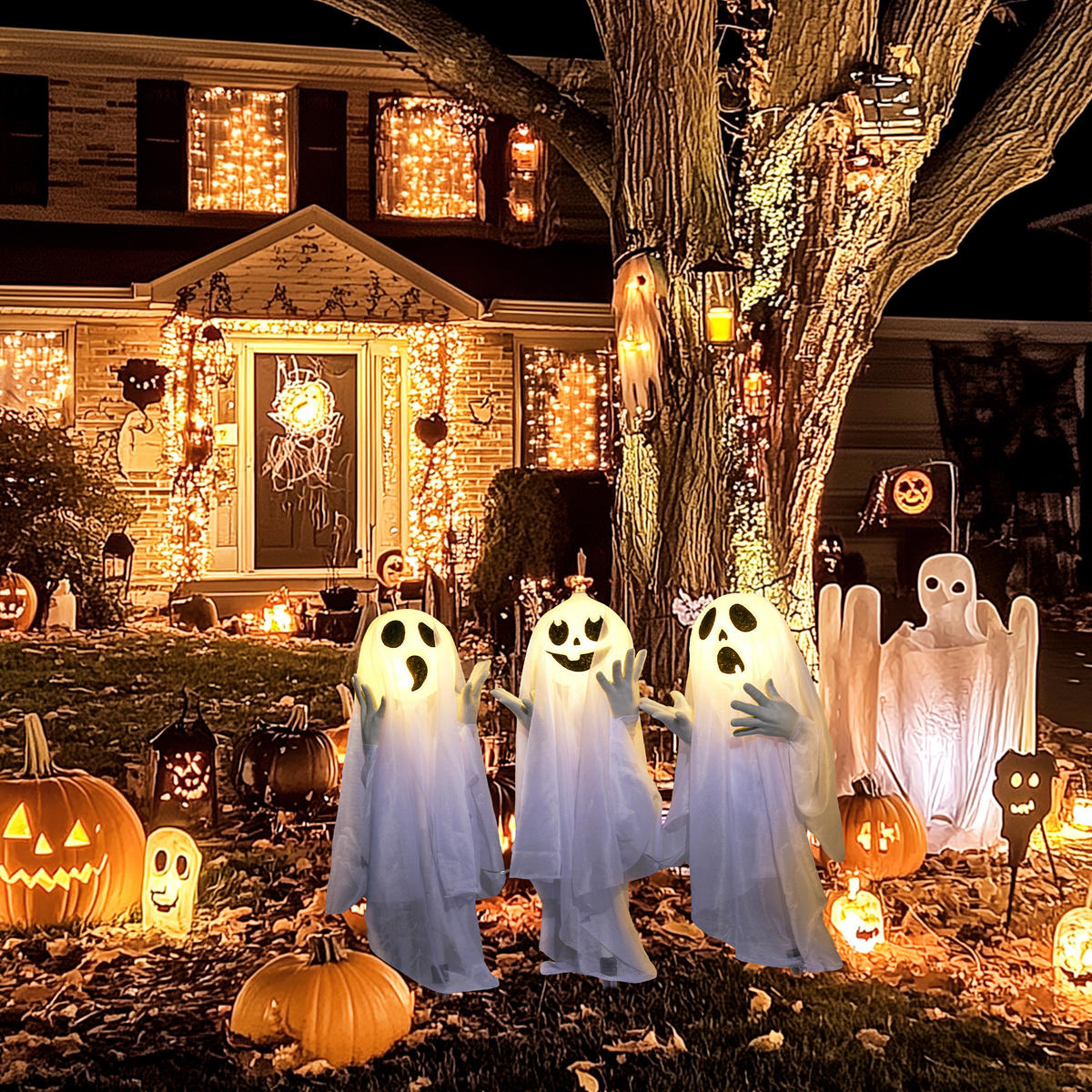 3ER-SET Halloween Dekoration Halloween-Geister-Hofpfählen mit LED-Lichter - Weiß, Kunststoff (10/60/54cm) - HOMCOM