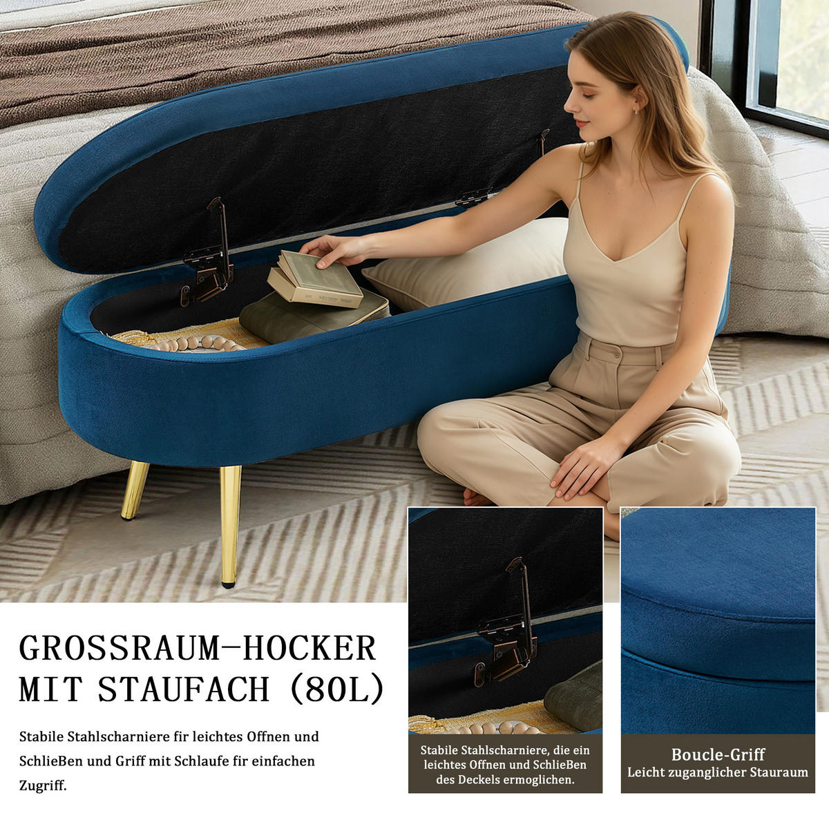 AUFBEWAHRUNGSTRUHE velvet & gold 110 cm - Dunkelblau, Textil (110/42/40cm) - Urban Meuble