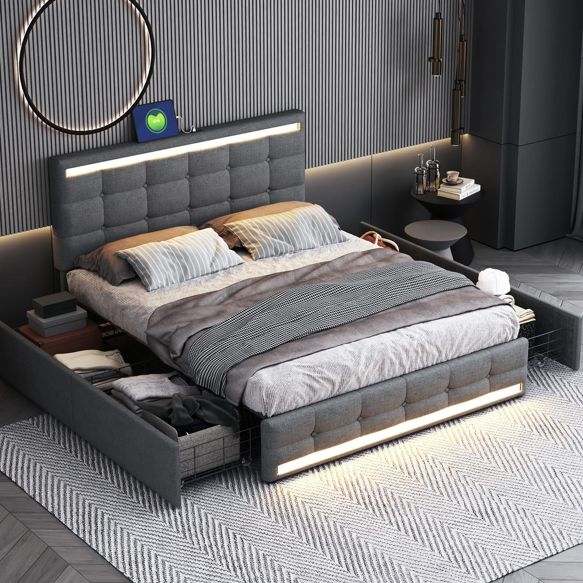 POLSTERBETT 140/200 cm grau mit LED-Beleuchtung und 4 Schubladen - Grau, Textil (140/200cm) - OKWISH