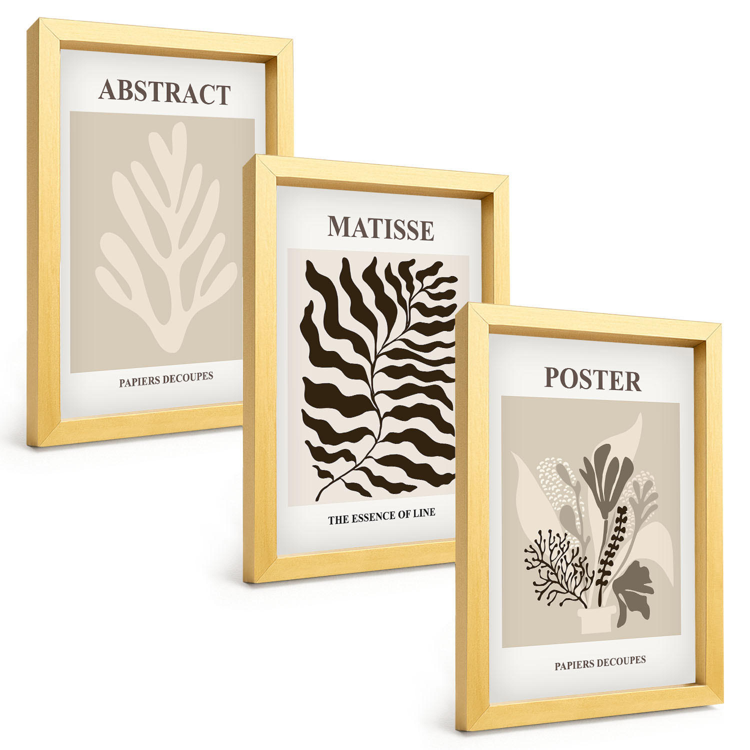 BILDER SET 3er Set - 20x30 cm Goldrahmen - Beige-braune Pflanzenmuster - Goldfarben, Kunststoff (20/30cm) - TULUP