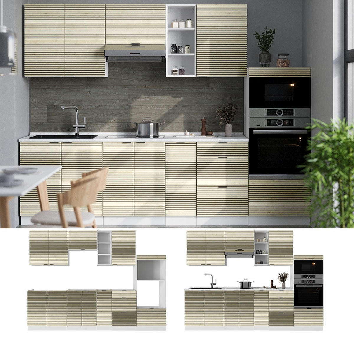KUHINJSKI BLOK Fame-Line Hrastova plošča/bela 280 cm brez delovne plošče - barve hrasta/bela, leseni material (280/153.6/46cm) - Vicco
