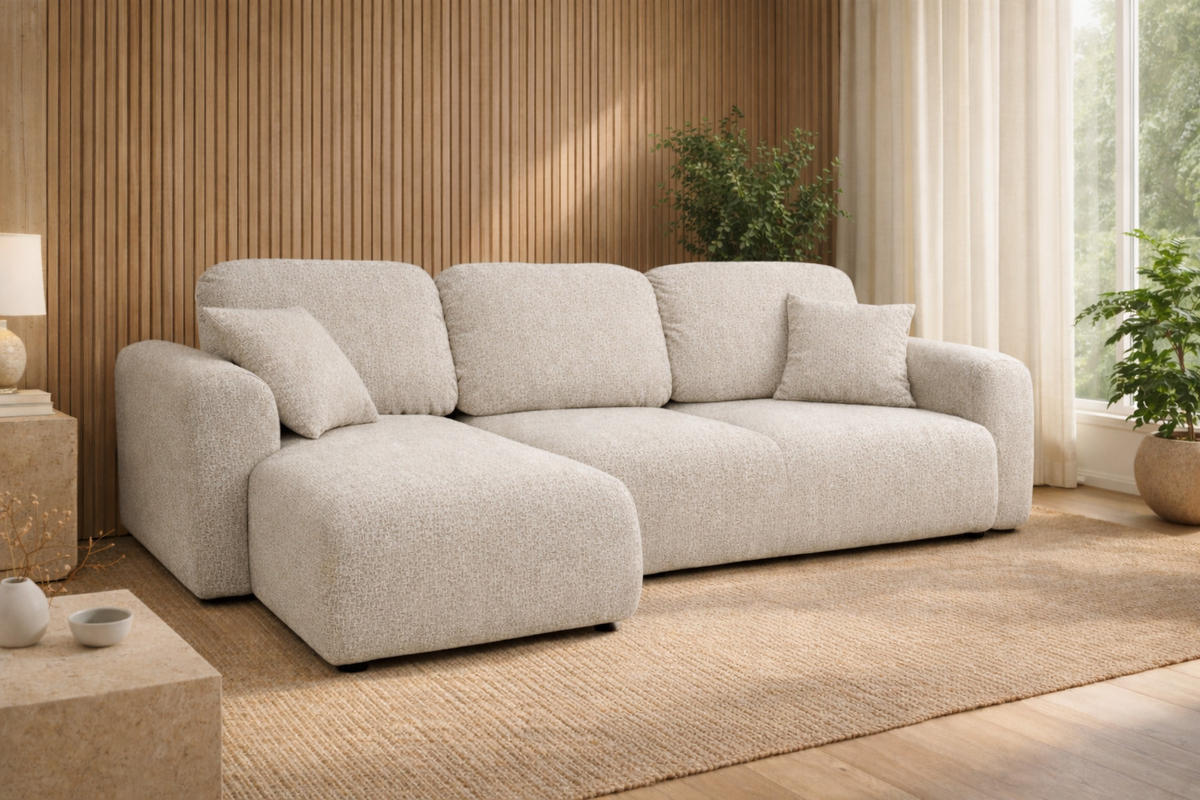 ECKSOFA Mit Schlaffunktion Und Bettkasten, Sofa L-Form Bingo L, Chenille-Stoff Artico, Nata, Links - Beige, Holz (250/142cm) - Kaiser Möbel
