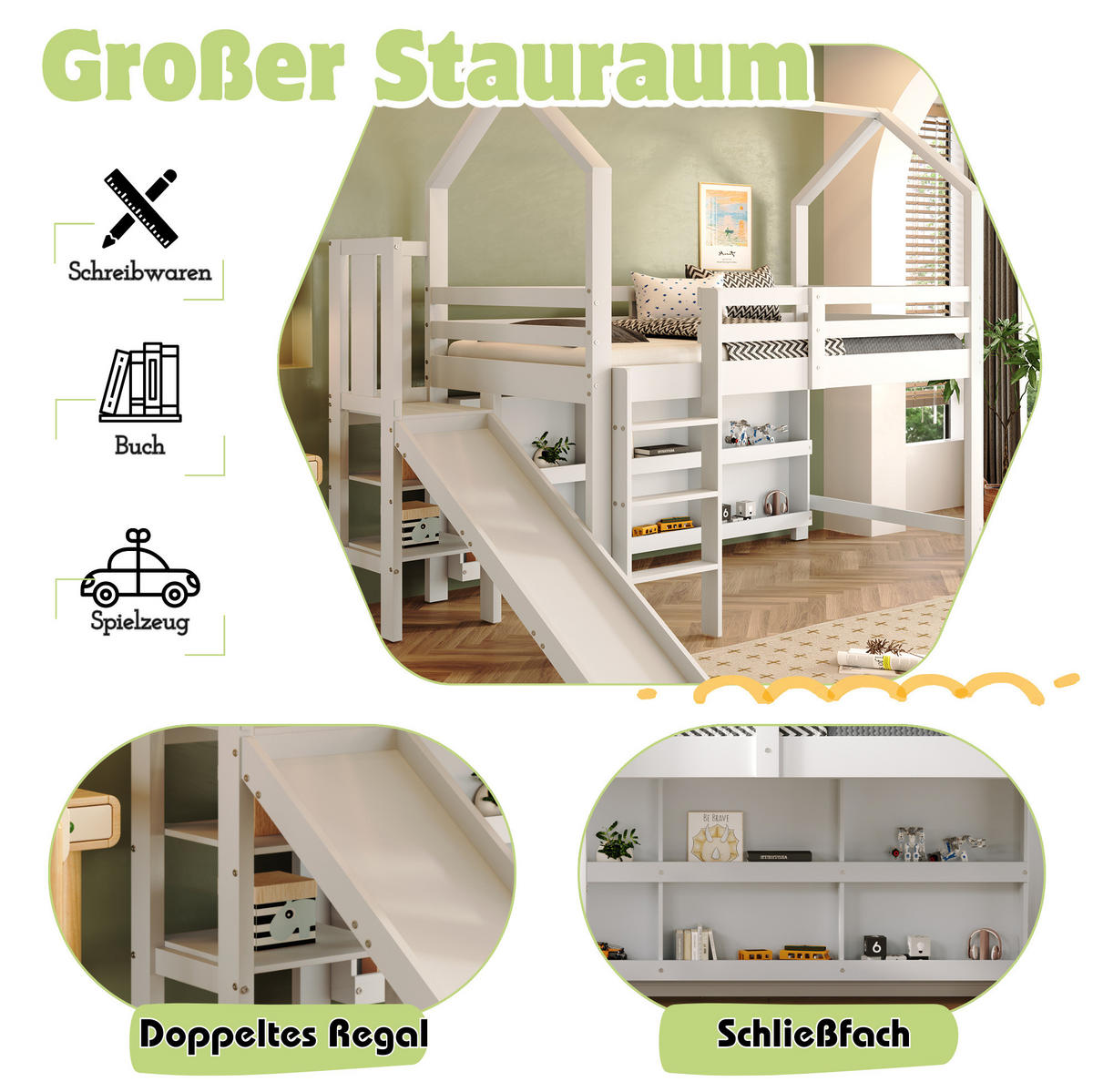 KINDERBETT 90/200 cm mit Rutsche, Treppe, Stauraum und Regal, Weiß - Weiß, Holzwerkstoff (90/200cm) - Redom
