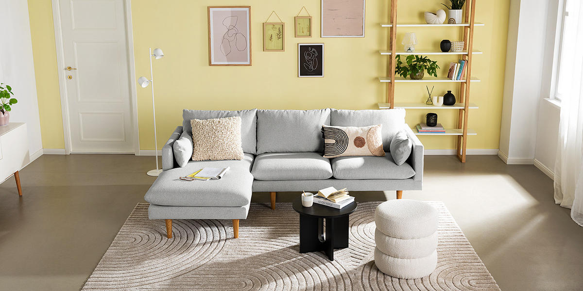 ECKSOFA mit Longchair - Webstoff - Buchefarben/Hellgrau, Holz/Buchenholz (242/150cm) - home24