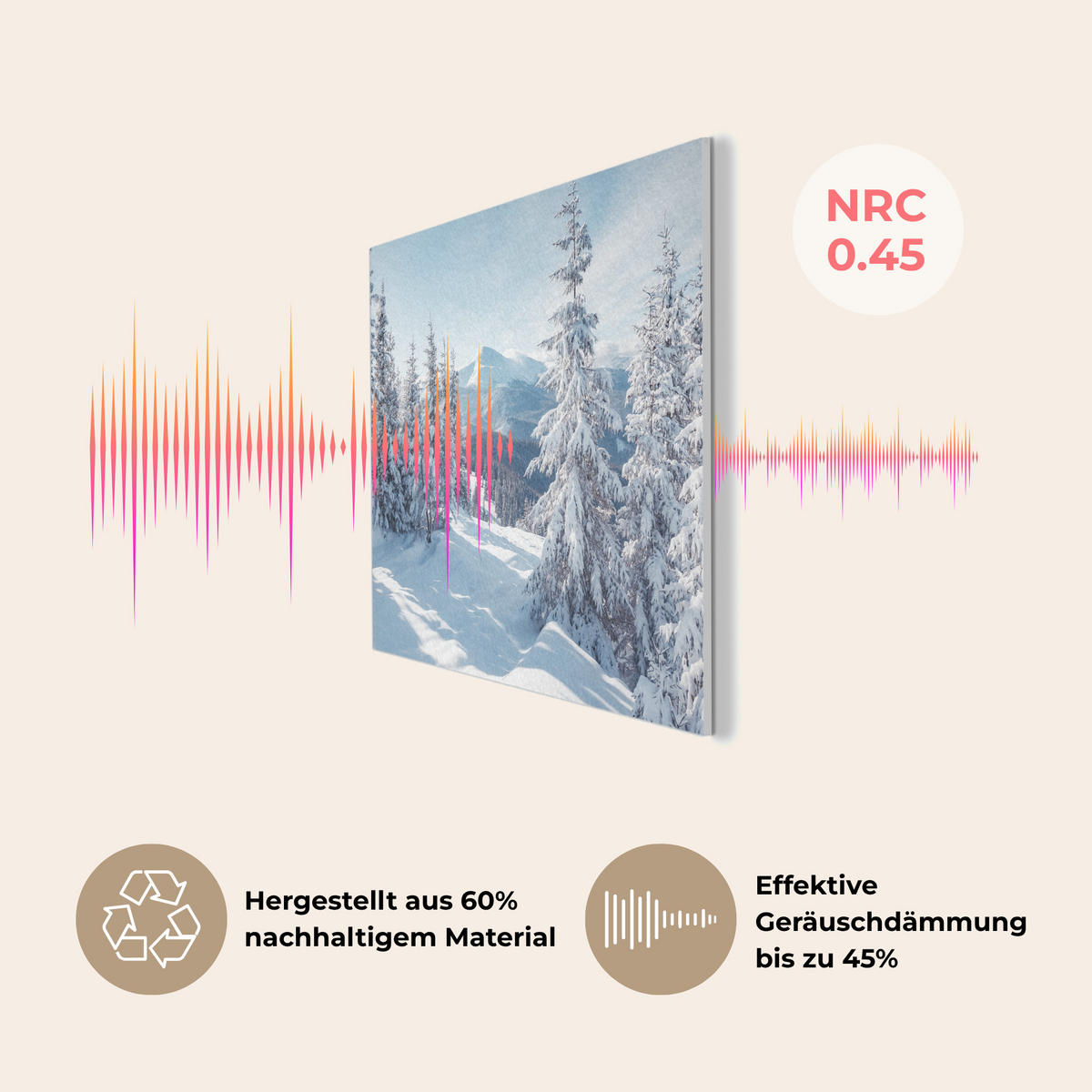 AKUSTIKBILD Winterlandschaft - Natur - Berge - Bäume - Schnee Akustikpaneele 90x60 cm - Hellblau, Kunststoff (90/60/0.9cm) - MuchoWow