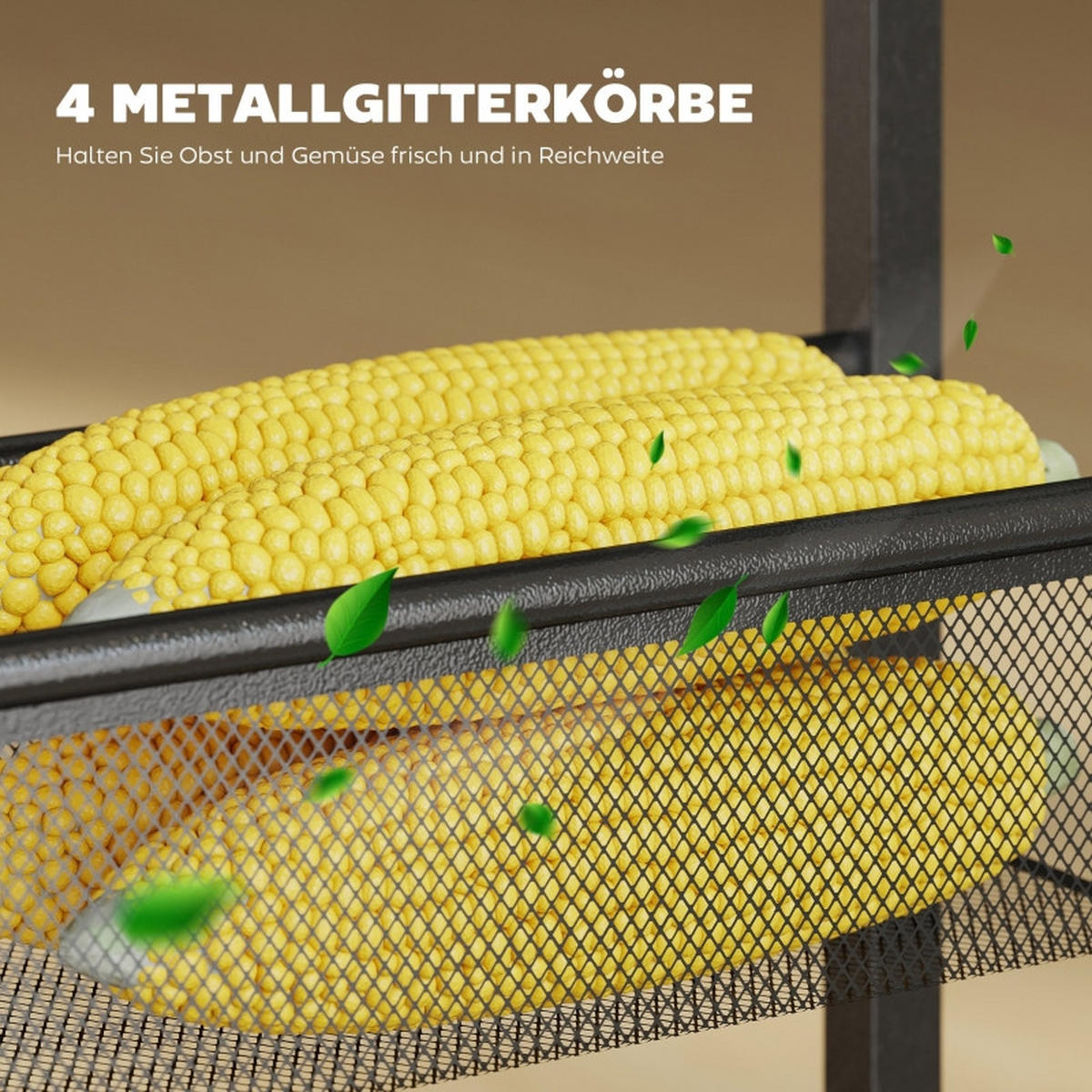 KÜCHENWOLLWAGEN 47x13x96.5cm Schwarz mit 4 Körben, Arbeitsplatte & 4 Rollen - Schwarz, Metall (13/96.5/47cm) - Modfu