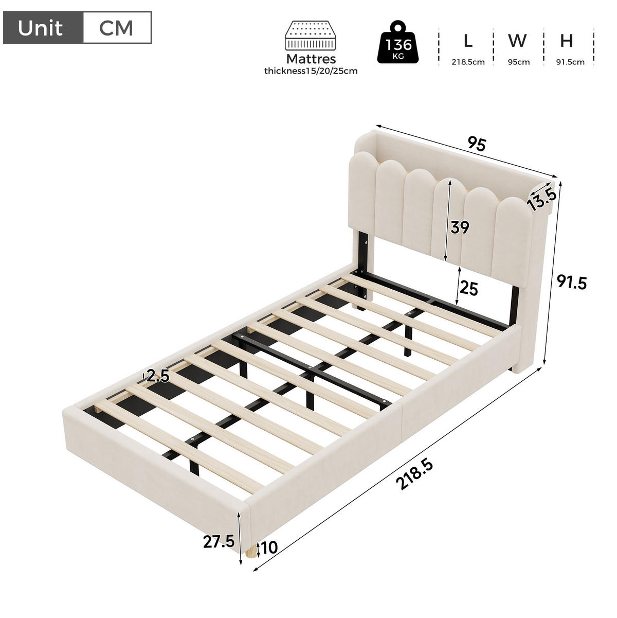 KINDER-POLSTERBETT 90x200 cm in Beige mit USB-/Type-C-Anschlüssen und Nachtlicht - Beige, Textil (90/200cm) - IVMEU