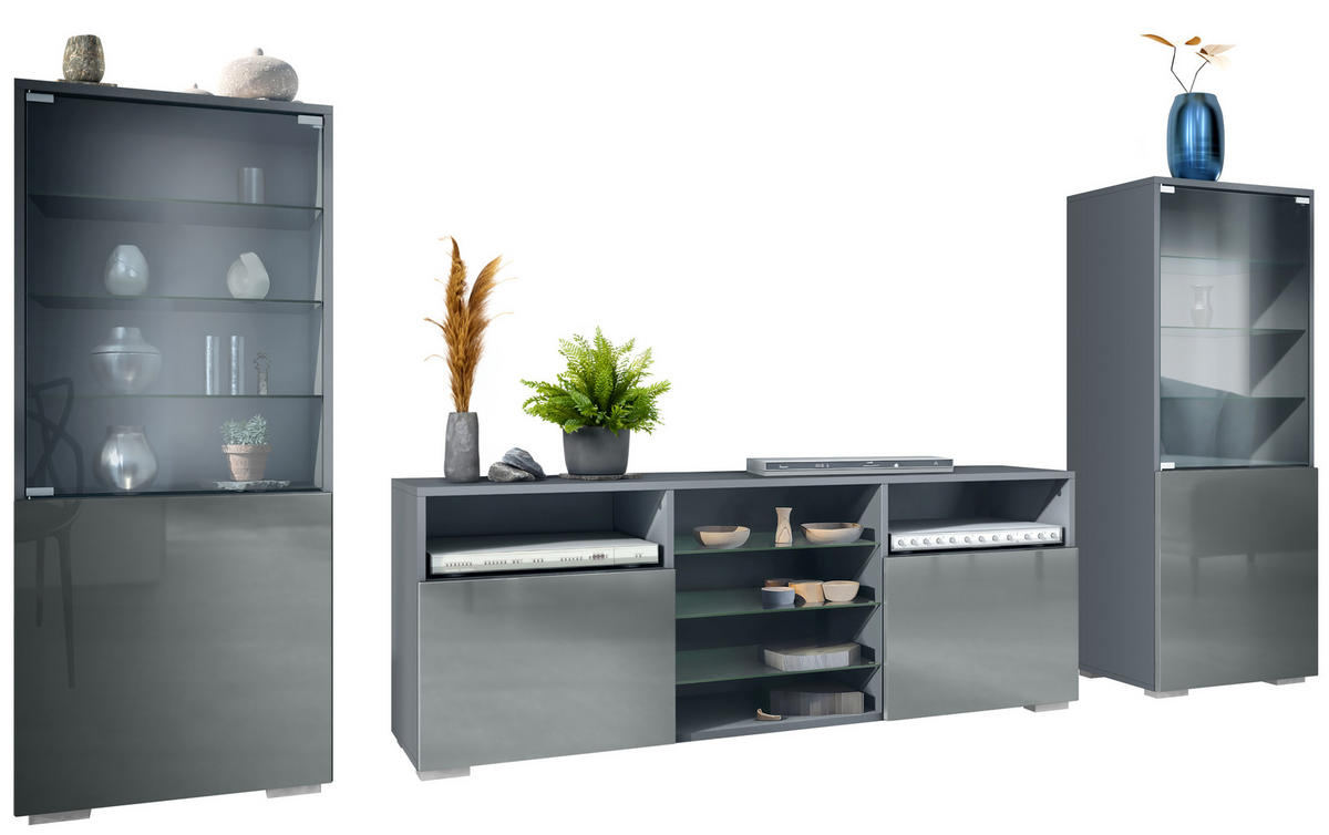 WOHNWAND Granada Grau Hochglanz - Grau, Holzwerkstoff (286/122.5/35cm) - Vladon