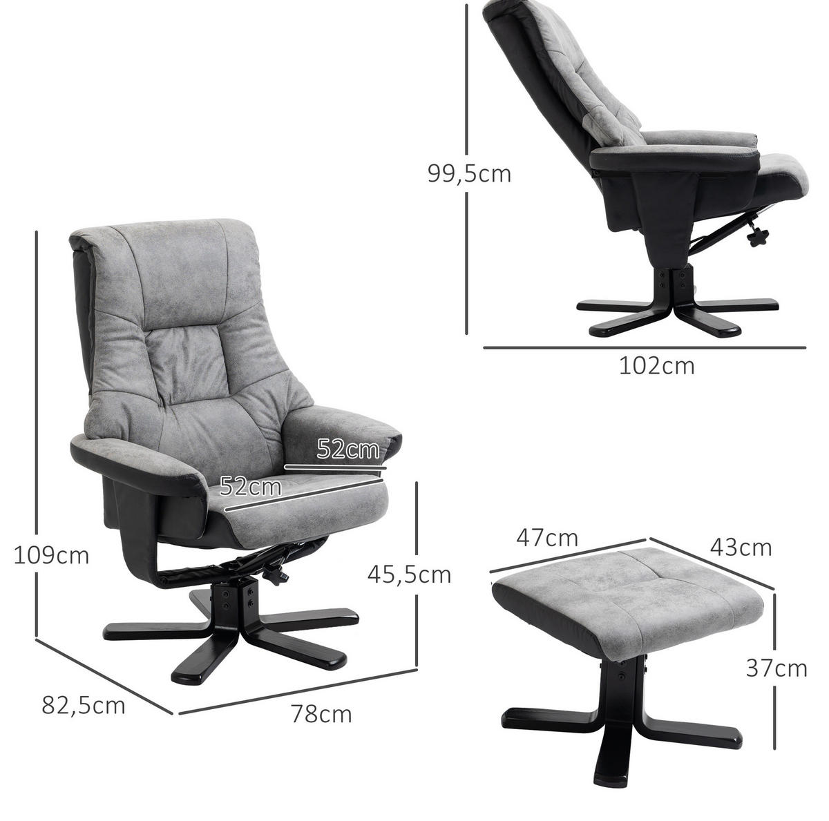 RELAXAČNÍ křeslo 78/82,5/109 cm šedé z polyesteru otočné a polohovací s podnožkou - šedá, textil (82.5/109/78cm) - OKWISH