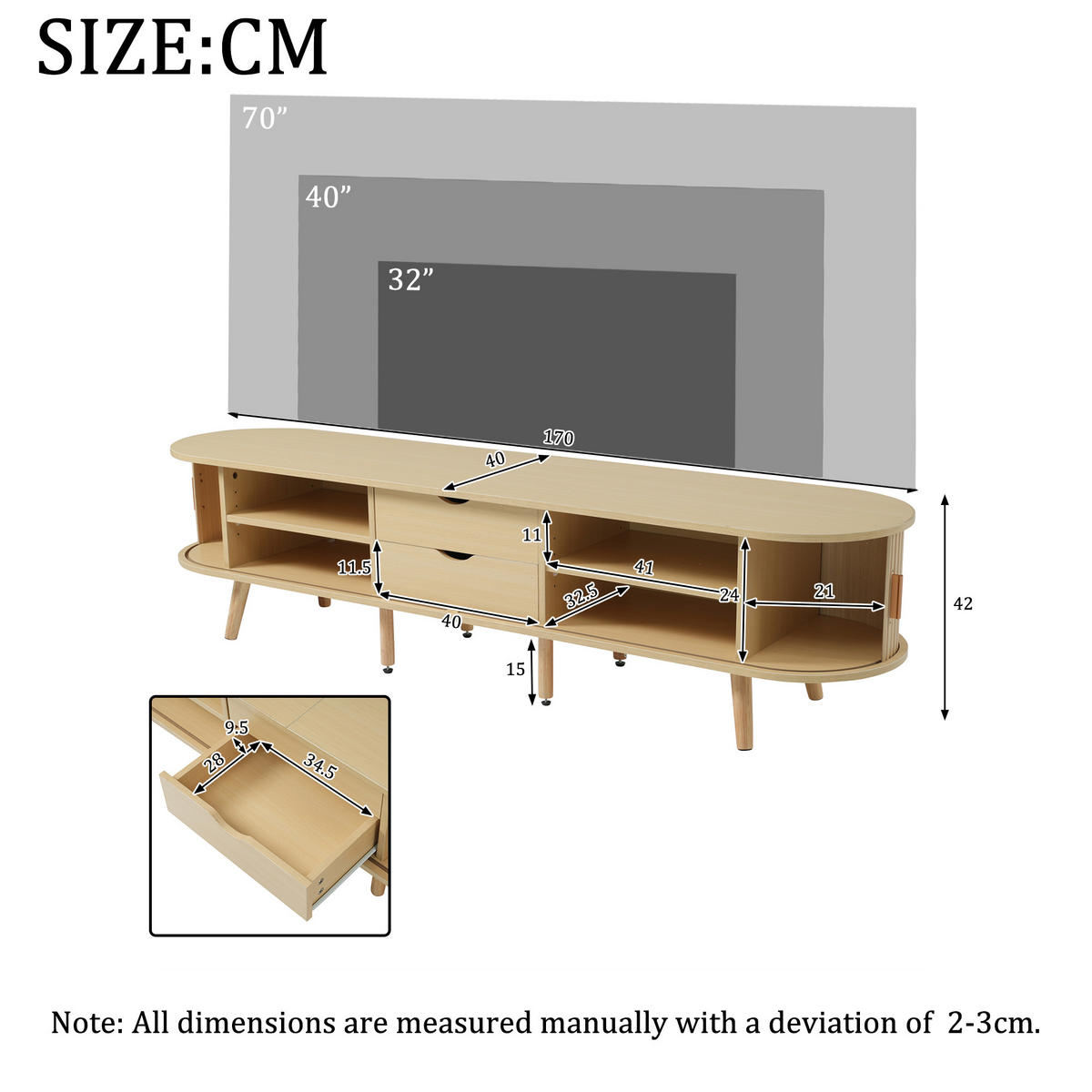TV-ELEMENT170X40X42CM Nussbaum Hell Ovales TV-Board mit Schiebetüren - Naturfarben, Holz (50.5/16/116.5cm) - Raelunyi