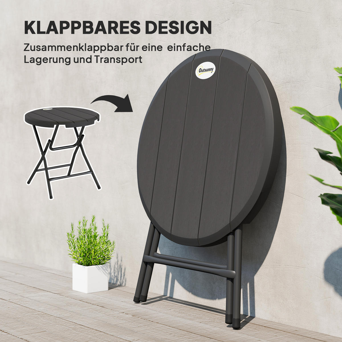 GARTENTISCH DE-07357 rund, klappbar für 4 Personen mit Holzoptik Dunkelgrau - Dunkelgrau, Kunststoff/Metall (80/80/73cm) - ComfortXL