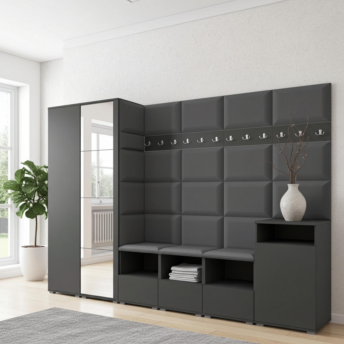 GARDEROBE NELA XII 300 cm (Modulare Flurmöbel Graphit mit Spiegel & Sitzpolster Dunkelgrau 15 Gigantisches Set) - Dunkelgrau/Silberfarben, Holz/Holzwerkstoff (300/187/40cm) - Ravio