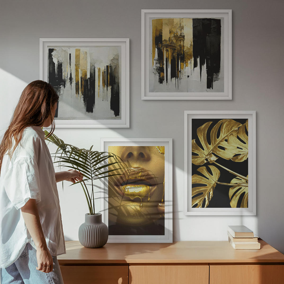 BILDER SET 4er Set - 50x50 cm & 40x60 cm Weißer Rahmen - Abstrakte Blattmalerei - Weiß, Kunststoff (50/50cm) - TULUP