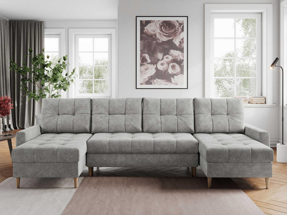 WOHNLANDSCHAFT Colin U Struktur Hellgrau - Hellgrau/Braun, Holz/Textil (290/75/140cm) - MKS