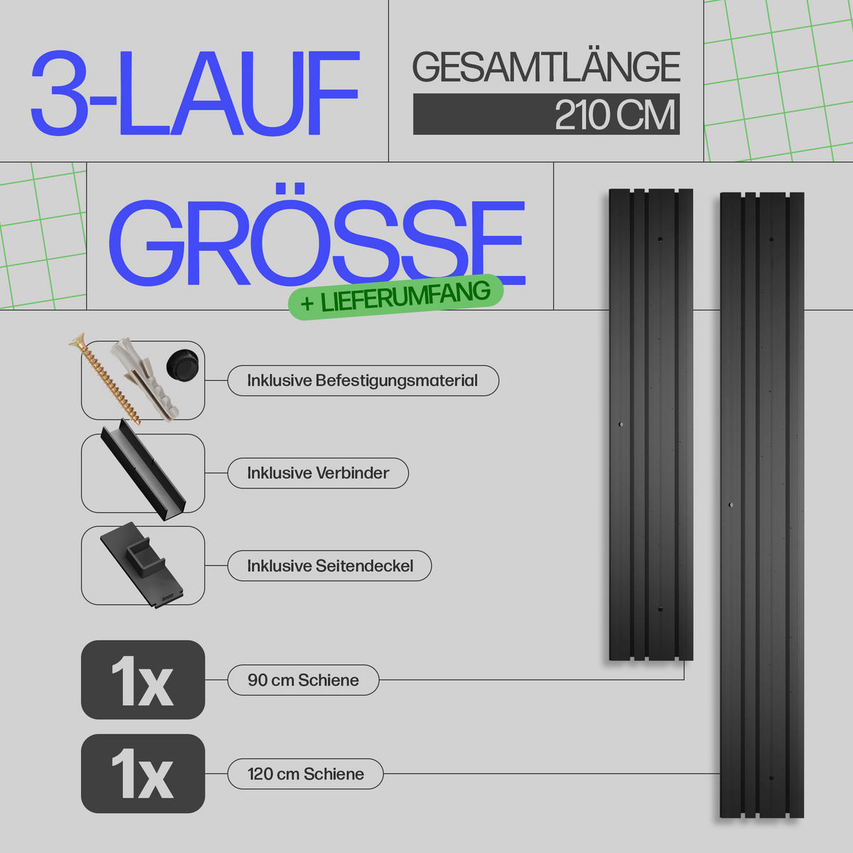GARDINENSCHIENE 210cm (1x90/1x120cm) 3-läufig - Schwarz, Kunststoff (10/1.8/210cm)