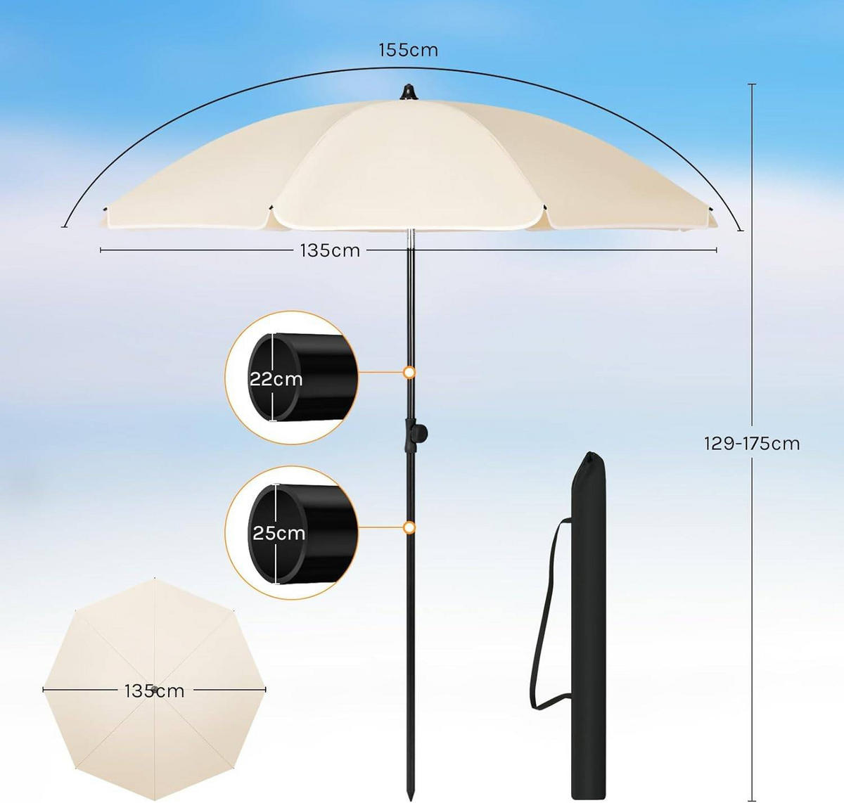 SONNENSCHIRM, Balkonschirm Strandschirm UV-beständig wasserdicht - Beige, Kunststoff/Metall (135/135cm) - Woltu