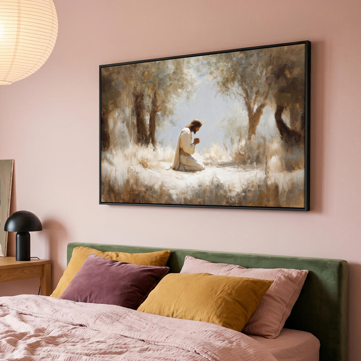 LEINWAND Bilder mit Rahmen - Jesus - Kniend - Waldlandschaft - Betend - 120x80 - Beige, Textil (120/80cm) - MuchoWow