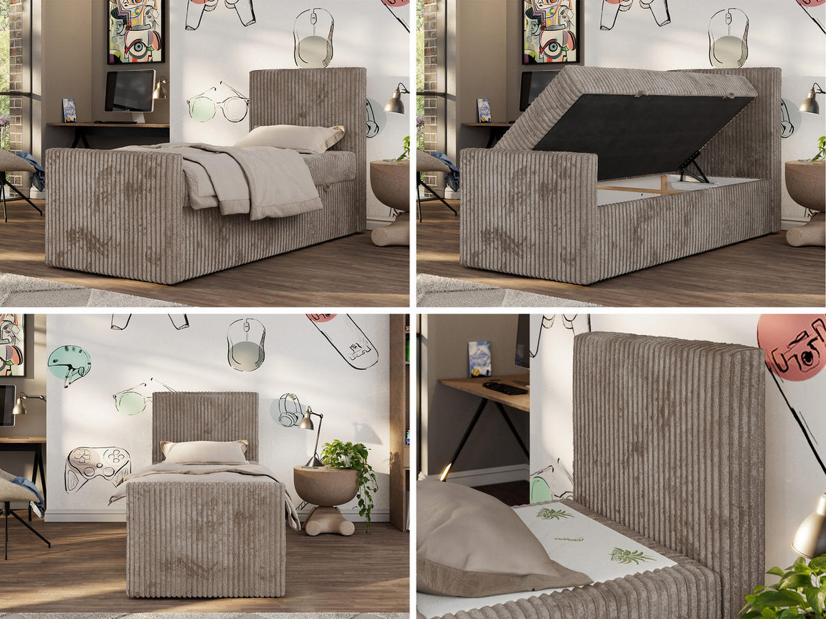 JUGENDBETT TILIO DUO 90/200 - Hellbraun Cord - H3 - Rechts Seite - Hellbraun, Textil (90/200cm) - MKS