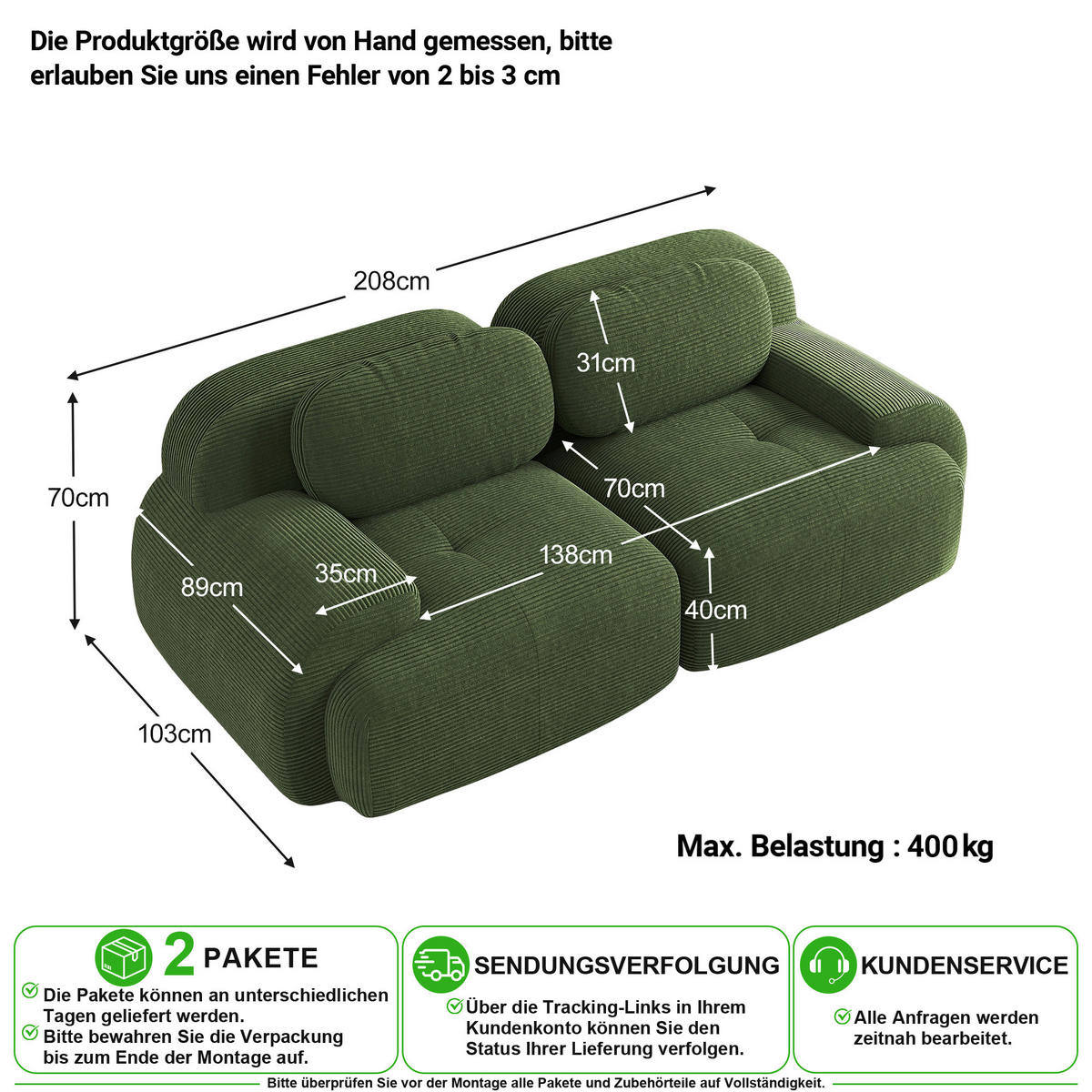 SOFA 2-Sitzer in Grün aus Cord mit modularem Design und geschwungenen Armlehnen - Grün, Textil (208/75/103cm) - CHICFURN