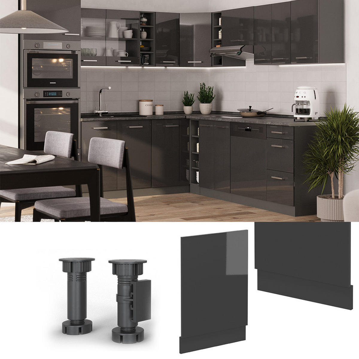 GESCHIRRSPÜLBLENDE R-Line Anthrazit Hochglanz 45 cm , AP Anthrazit - Schwarz Hochglanz/Anthrazit, Holzwerkstoff (45/57.2/1.6cm) - Vicco