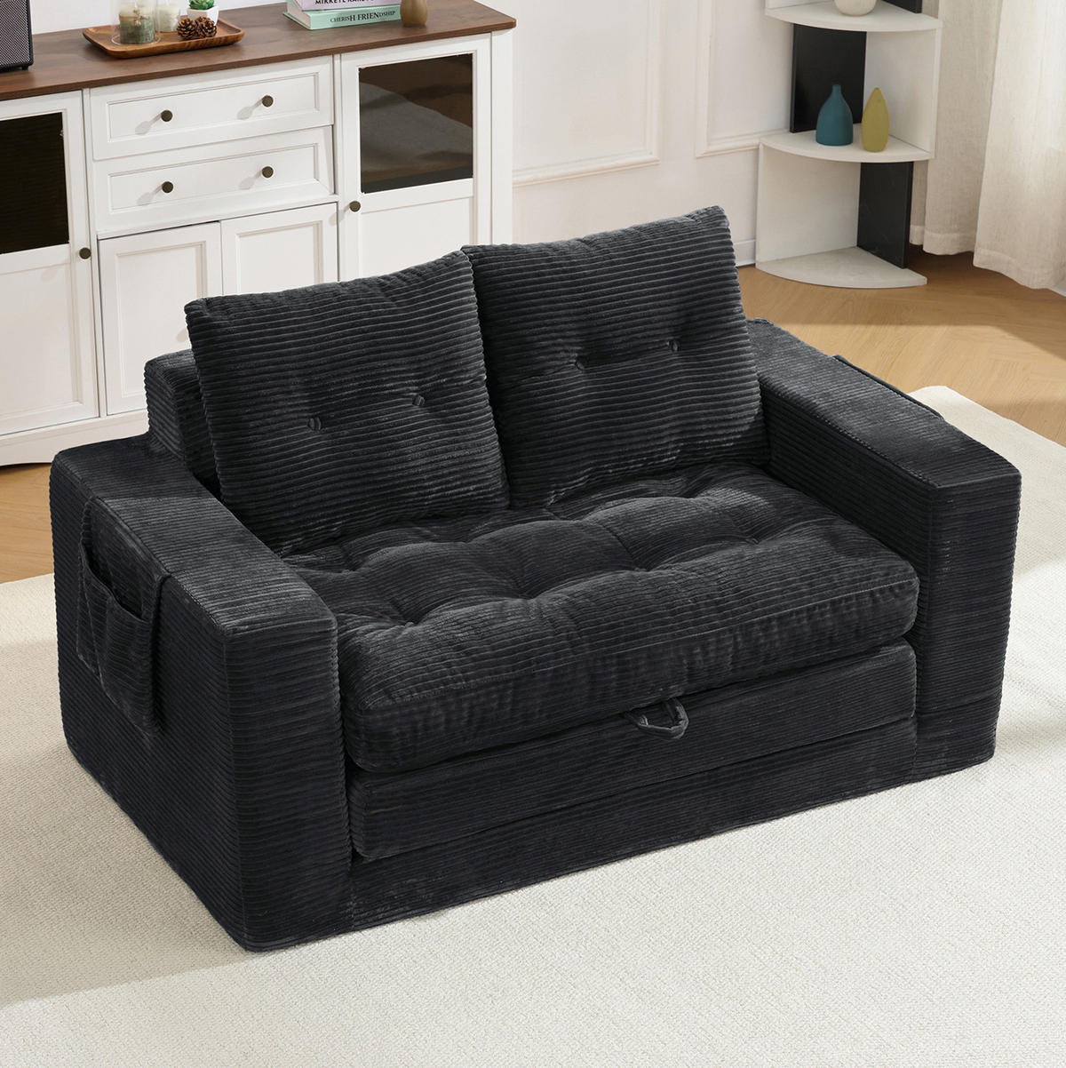 SOFA mit Ausklappfunktion und Seitentaschen Black Corduroy - Schwarz, Kunststoff (140/67/85cm) - Meubliv
