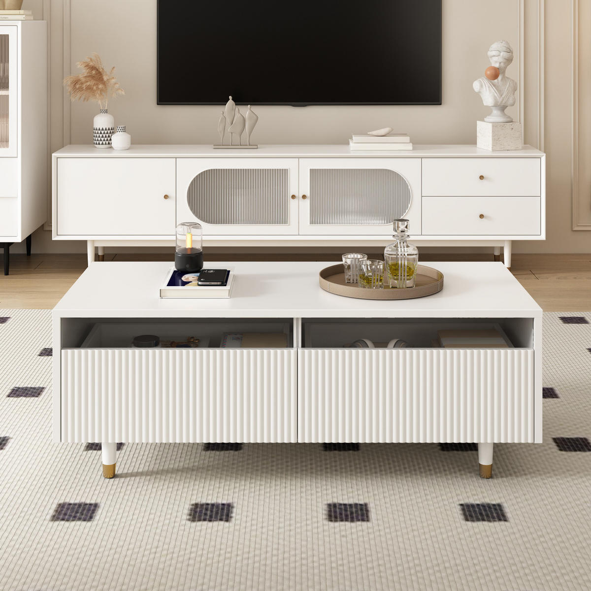 COUCHTISCH mit LED und 2 Schubladen 110 x 50 x 40 cm MDF Weiß - Weiß, Holz (100/50/40cm) - Meubliv